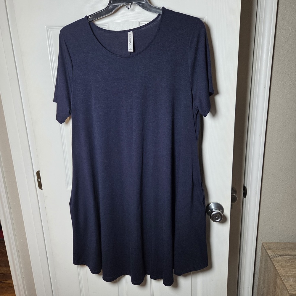 Zanana Premium Navy T-Shirt Dress sz 2X Short Slv Pockets stretch casual